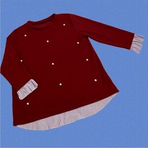 Pearl Embellished Long Sleeve Burgundy Mixed Media Top 2XL